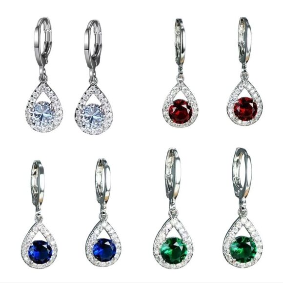 Round White, Red, Blue or Green Sapphire Silver Plated Drop Earrings - Picture 2 of 8